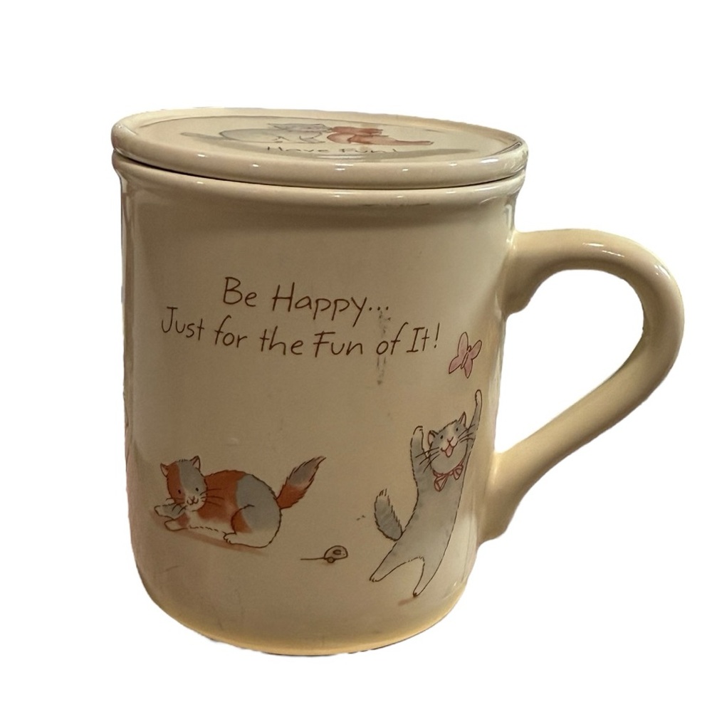1987 Hallmark Cat Mug with Lid – Be Happy Just for the Fun of It – Mug Mates